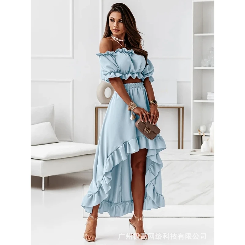 

Women Edible Tree Fungus Splicing 2 Piece Set Women Short Puff Sleeve Slash Neck Short Top High Waist Irregular Skirt Suit