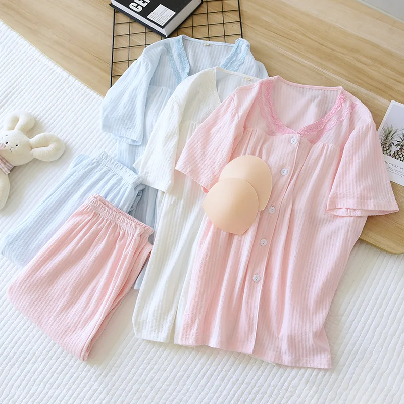 

Summer Two Piece Sets For Women Short Sleeved Pure Color Knitted Cotton Pajama Sets With Chest Pad Lounge Home Pijama Mujer