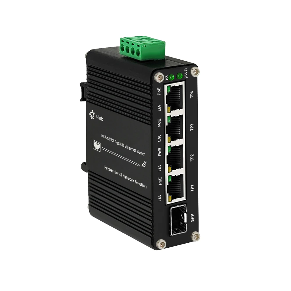 Mini Industrial 4 Ports Switch with SFP,POE Optional,10/100/1000Mbps RJ45 Din-Rail/Wall-Mount Unmanaged Gigabit Switch,IP40