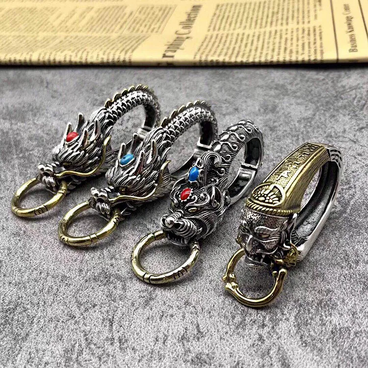 S925 pure silver vintage car remote control lock key chain hanging creative man with dragon mythical wild animal