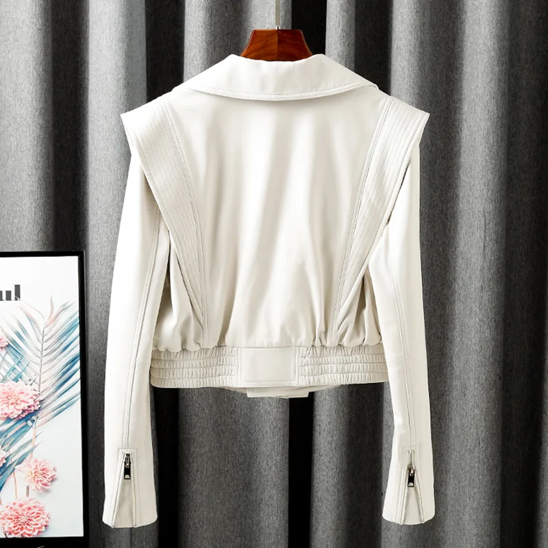 New Arrivals Genuine Leather Jackets 2023 Sheepskin Bomber Jackets Lady Short Jacket Black White Motorcycle CL4154