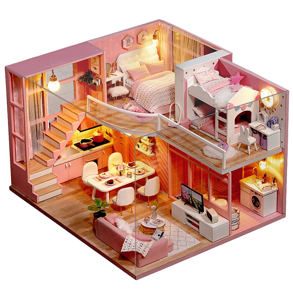 

Manual Assemble Toy Mini Apartment Cabin Model DIY House Miniature Wood Furniture Dollhouse