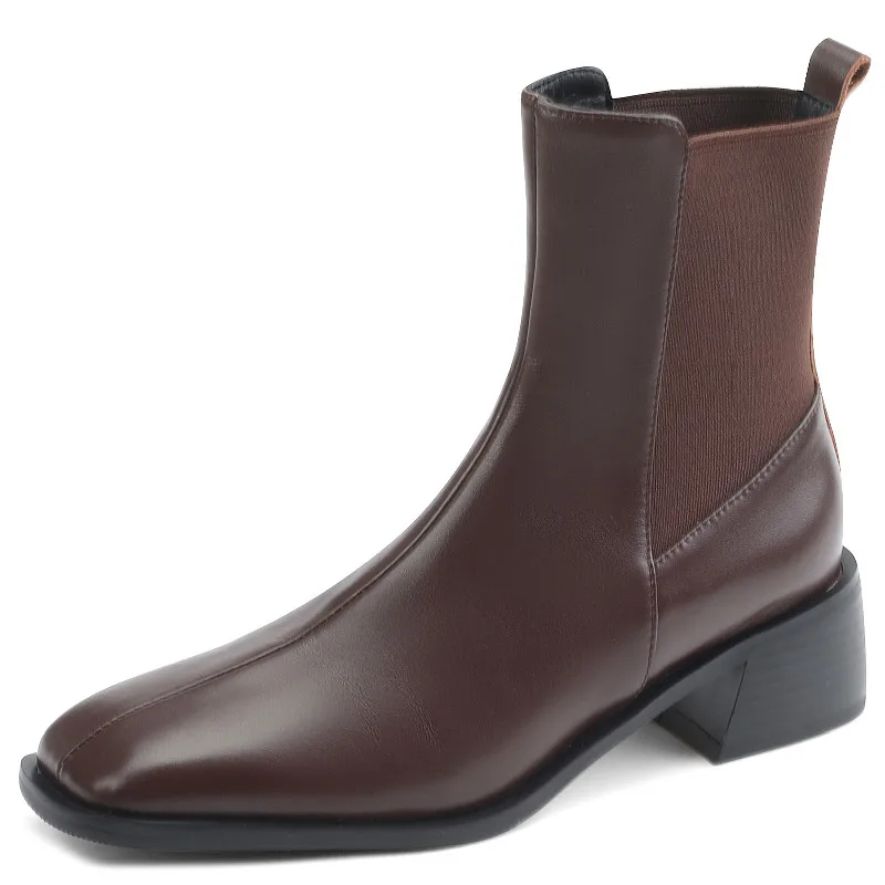 

Dilalula Women Ankle Boots Mature Fashion Office Ladies Newest Splicing Genuine Leather Thick Heels Shoes Woman Autumn Winter