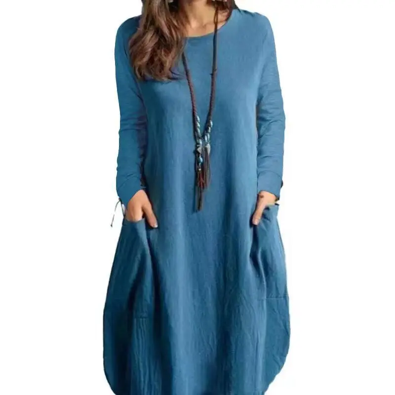 

Casual Solid Color Cotton Linen Dresses Women Autumn Long Sleeve O-neck Pocket Dress Female Loose Fit Comfortable House Dress