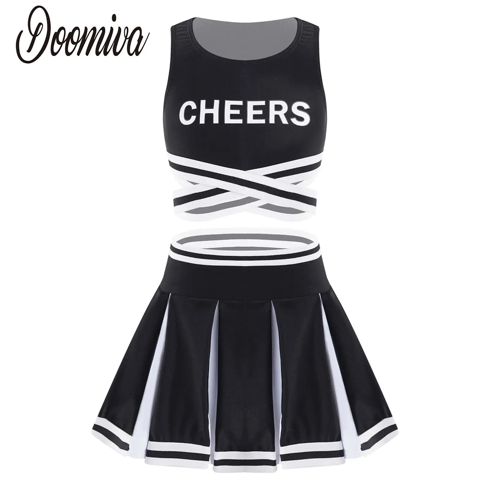 

Girls Cheerleading Uniforms Halloween Cosplay Sports Cheerleader Outfit Set Kids Cheer Print Shell Top with Pleated Skirts Set