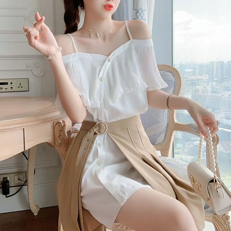 

Women's Skirt Suit 2023 Summer Fashion Off-the-shoulder Dress Mini Skirts Two-piece Korean Elegant Short-sleeved Dress Set Q149