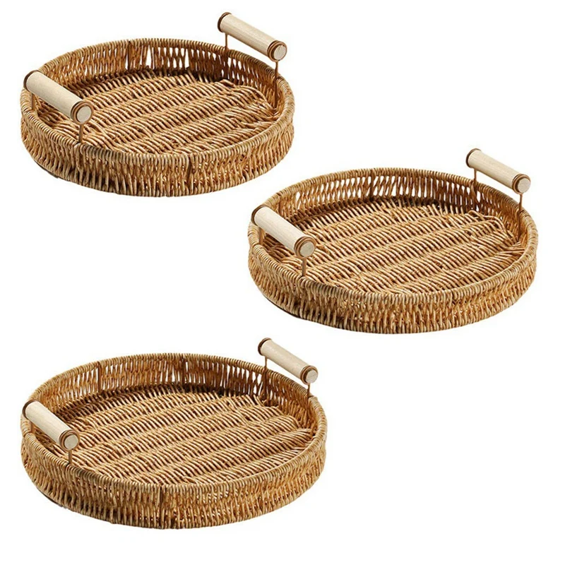 

Rattan Woven Storage Tray With Wooden Handle Round Wicker Basket Bread Food Plate Fruit Cake Platter Dinner Serving Tray