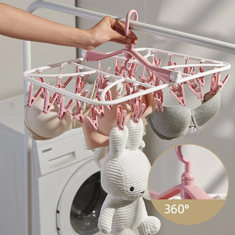 

New Drying Rack Windproof Multi Clip Sock Hang Folding Clothes Hanger 12-40 Clips Folding Storage Plastic Drying Socks Rack
