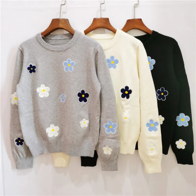 

Flower Jacquard Sweater for Women, Winter Embroidery Loose Jumpers, Black Pullover, Long Sleeve Sweatshirt , 니트반팔여자, Traf