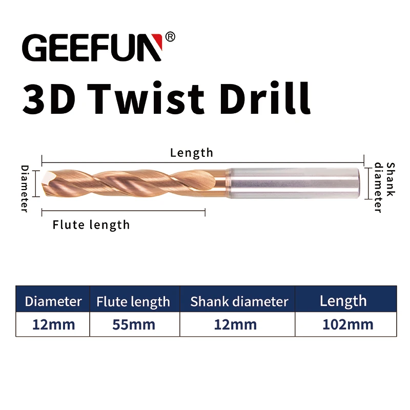 

GEEFUN D.i.A 12mm / Length 102mm CNC Drilling Tools Straight Shank Cold Coolant Drill Bits