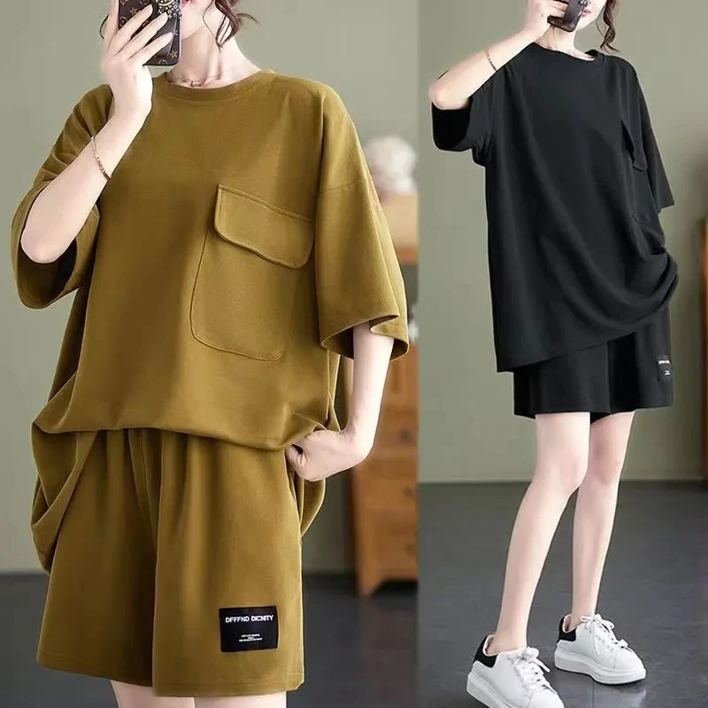 

Summer Shorts Sets Women's Large size Loose Sports Two Piece Sets Suits Woman Short Sleeve T-shirt + Pants Sets Casual Tracksuit