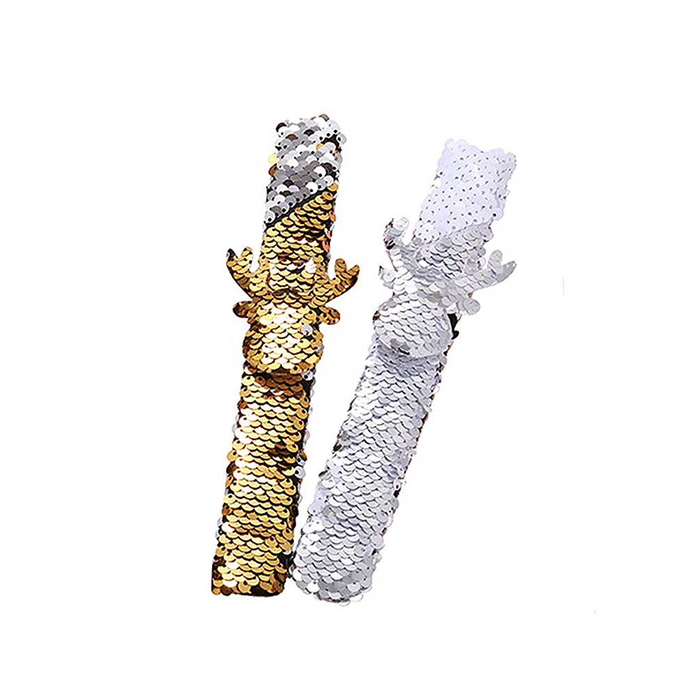 

2Pcs Christmas Slap Bracelets Sequins Deer Wrist Bands Xmas Holiday Snap Band Party Bag Fillers for Winter Snow Party ( )