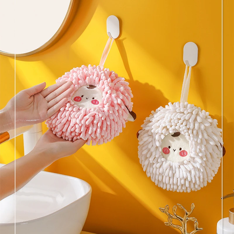 

Cartoon Sheep Chenille Hand Towels Kitchen Bathroom Hand Towel Ball with Hanging Loops Quick Dry Soft Absorbent Microfiber Towel