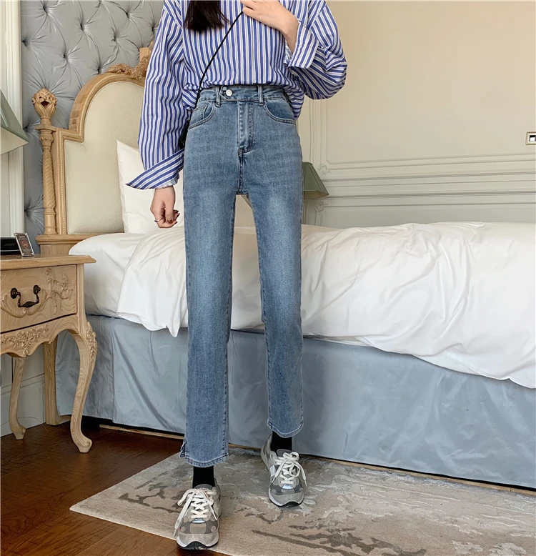 N1560 Jeans women's spring and autumn new high-waisted thin and versatile retro split cropped trousers