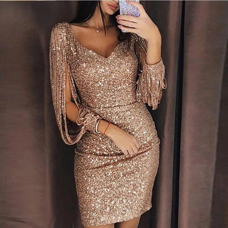 

Women Dress Three Quarter Sleeve Rose Gold Sexy Club Dress Ladies V-neck Evening Mini Party Dresses Vestidos