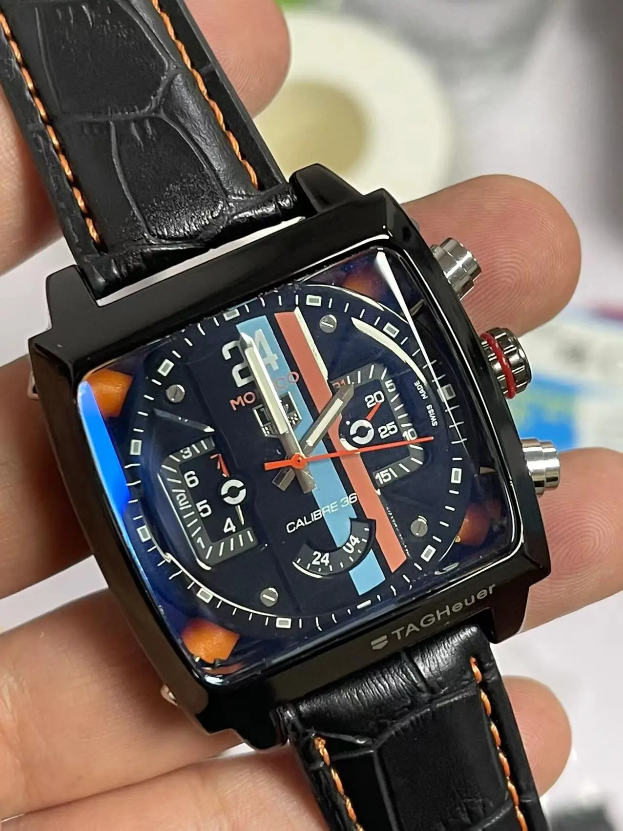 

New Men's Watch Automatic Mechanical Stainless Steel Black Leather Monaco-24 Rose Gold White Dial Fashion Sport Wristwatch