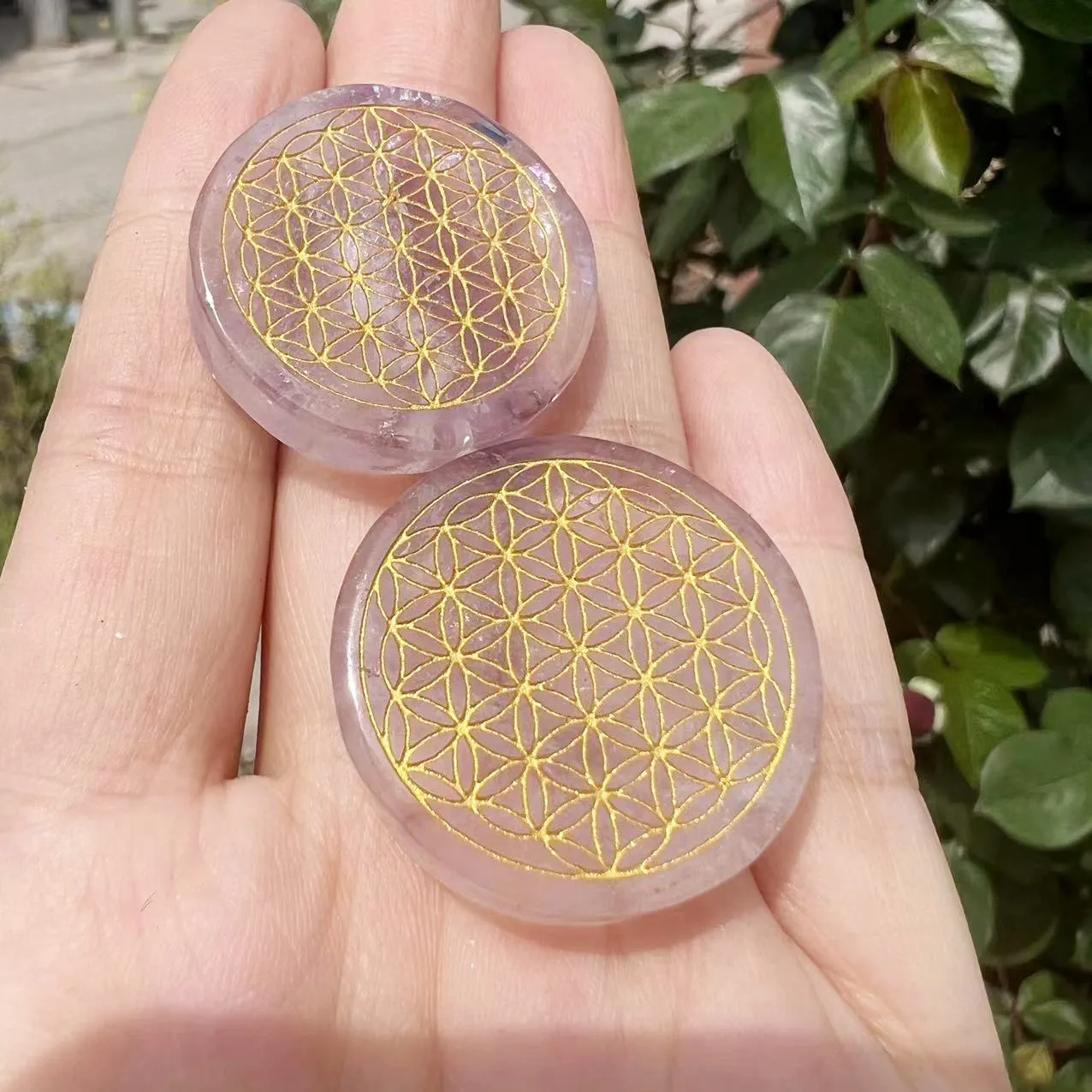 

3CM Natural amethyst stone circle disk gypsum crystal Flower of Life Chakra Round Plate