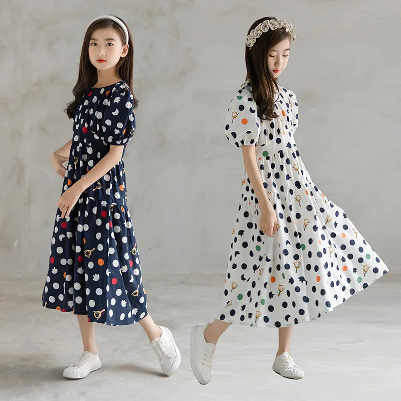 

2022 Summer Kids Dress for Girls Puff Short Sleeve Princess Dresses New Fashion Polka Dots Print Children Clothes for Girls U17