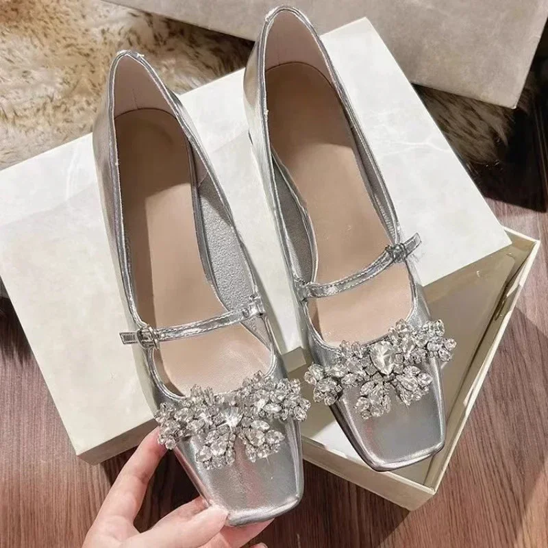 Туфли Мэри Джейн с кристаллами и квадратным носком женские сандалии на высоком