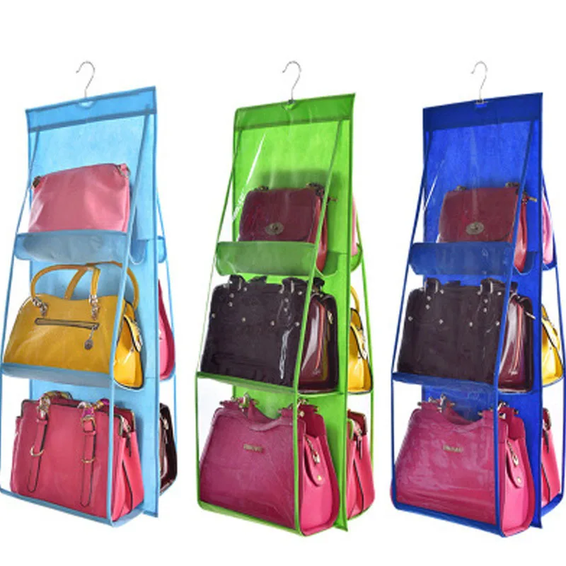 

Handbag Storage Bag Six Compartment Transparent Closet Hanging Bag Rotatable Hook Hanger Foldable Dustproof Organizer Shoes Bags