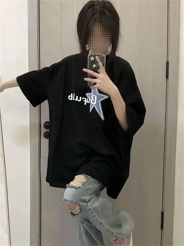 

Sea Stars Printed Short Sleeve Tshirt 2023 Summer Crewneck loose Top Korean fashion Institute Style fivepoint Sleeve T-shirt 3XL