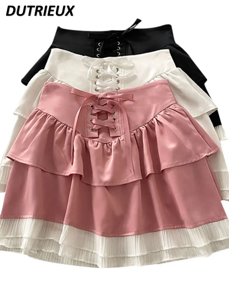 

Elegant Ruffled High Waist Slimming Lolita Princess Skirt Women 2023 Spring Summer All-Match Sweet Pink Lace-up Bow Cake Skirt