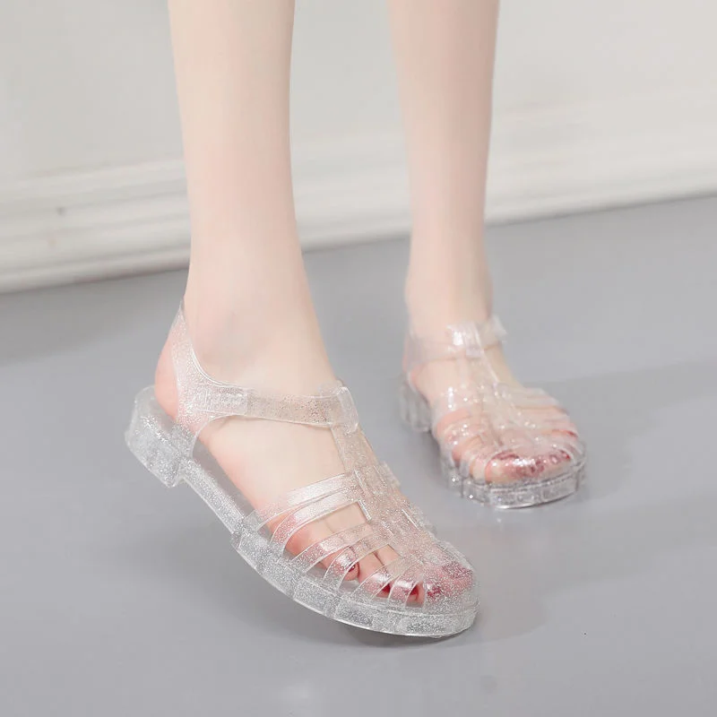 Summer Women Transparent Crystal Plastic Jelly Candy Color Sandals Female Closed Toe Flat Shoes Hollow Retro Beach Slippers