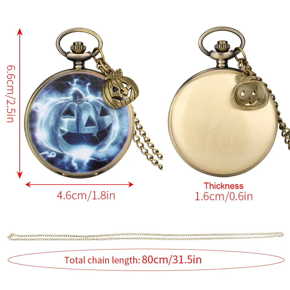 Blue Pumpkin Pattern Brass Pendant Pocket Watches Quartz Pocket Watch with Accessory Halloween Necklace Clock Gift Numerals Dial