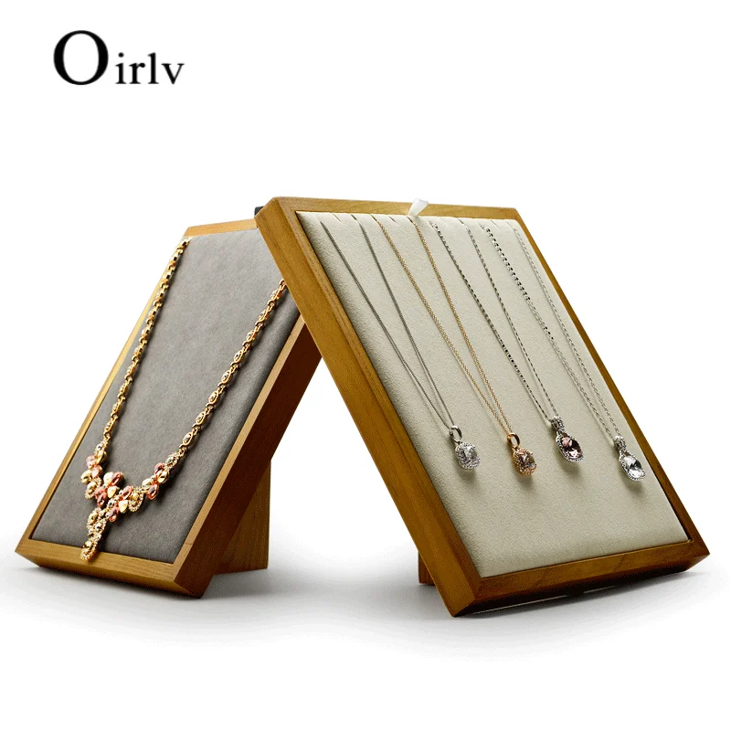 Oirlv Solid Wood Earring Display Stand Foldable Wooden Necklace Holder Beige Gray Microfiber Jewelry Organizer Earring Display