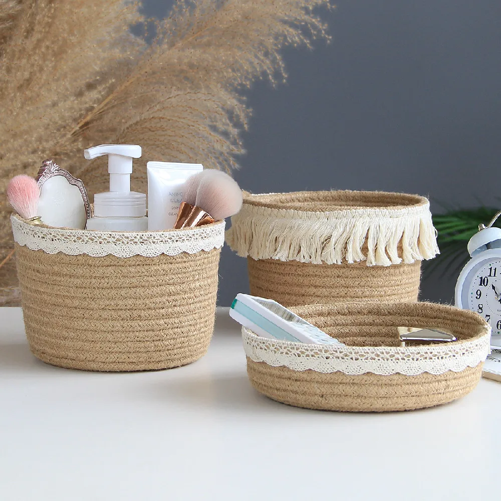 Jute Storage Basket Desktop Cosmetics Remote Control Entrance Sundries Woven Basket French European Style Tassel Home Decoration