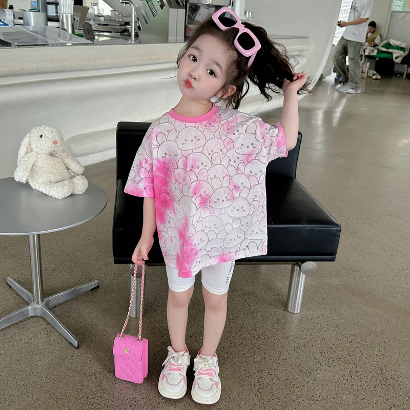 

Summer New Children's Clothes Girls Tie-dye Cartoon Short-sleeved T-shirt Top Leggings In Small Children