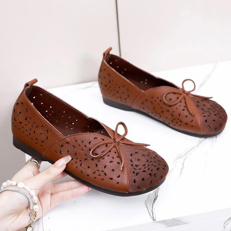 Big Size 35~43 NEW 2023 Spring Walk For Women Flats Mom Genuine Leather Loafers Lazy Summer Mules Sewing Shallow Driving Shoes