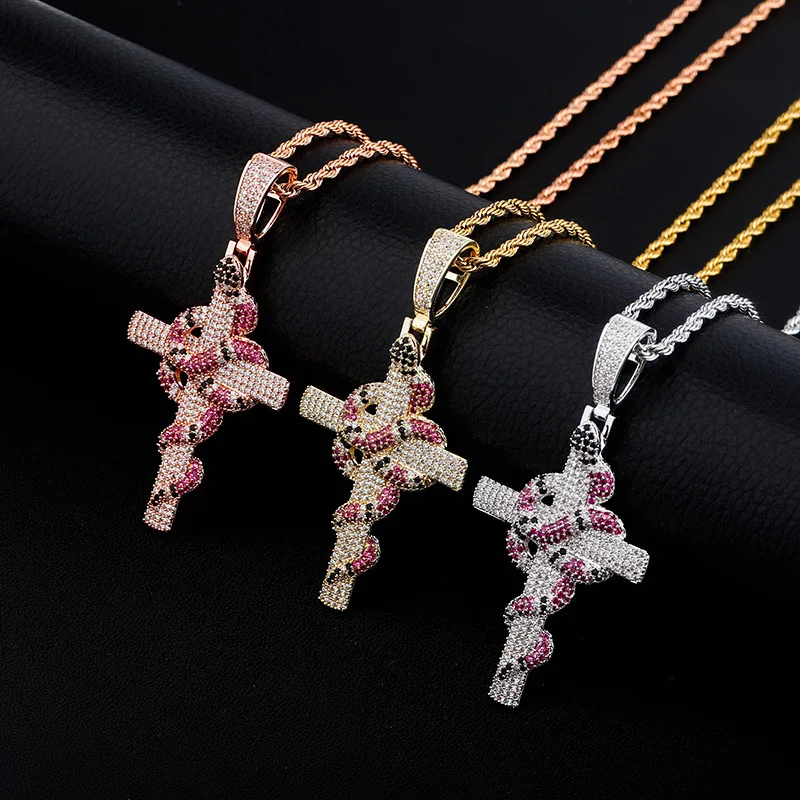 

Copper Necklace For Women Mens Necklace Hip Hop Accessories Cross Necklace Snake Inlaid Zircon Jesus Cross Jewelry Wholesale