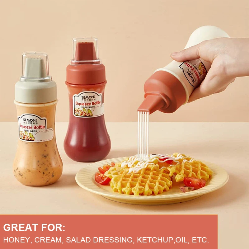 Sauce Bottles 350ml Squeeze Condiment Ketchup Olive Oil Mustard Honey Kitchen Plastic Dispenser Accessory 5 Hole With Nozzles