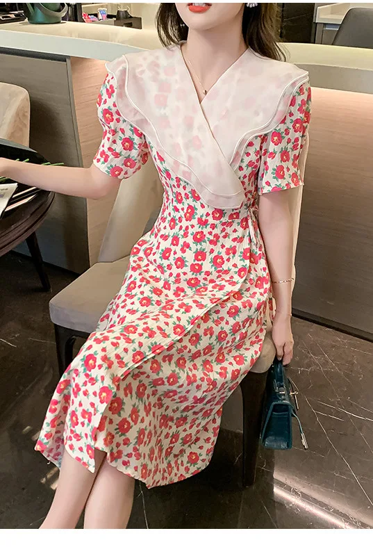 Платье женское длинное летнее кремово-желтое с цветами и тонкой талией