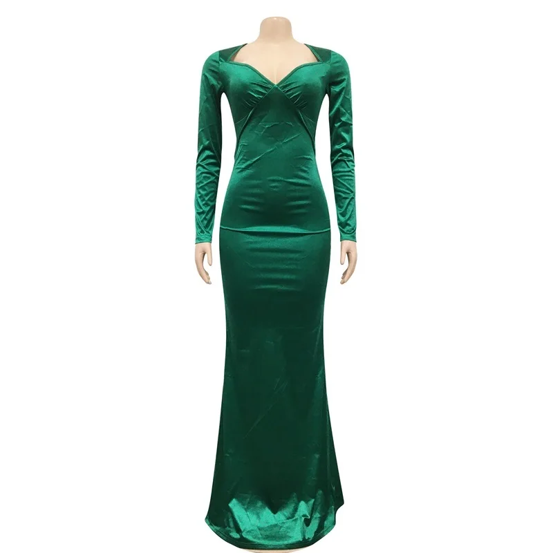 Однотонное длинное платье с блестками длинным рукавом открытой спиной и высокой