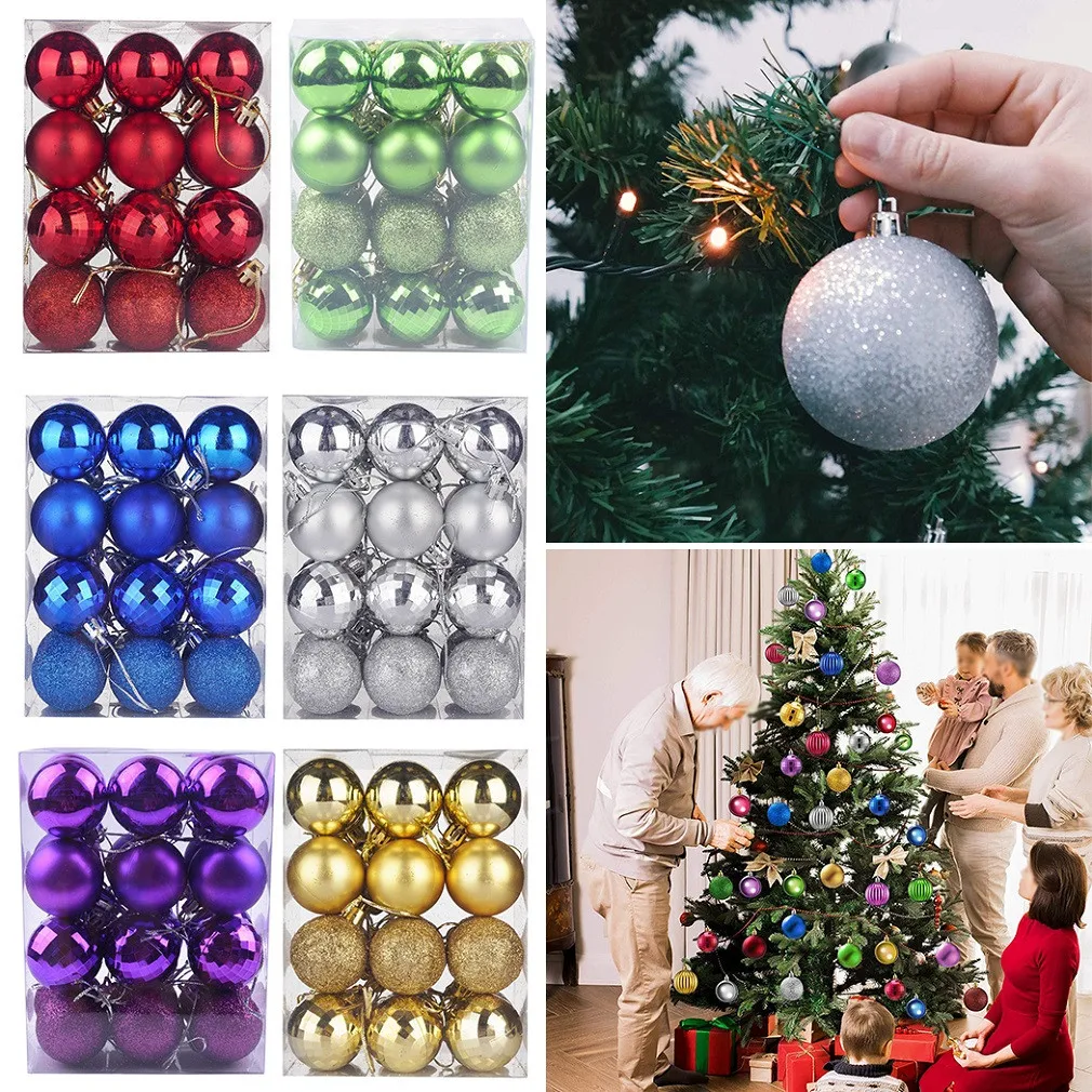 

24pcs Mixed Christmas Ball Decorations 2023 Xmas Tree Hanging Bauble Ornaments For Home Merry Party Wedding Pendant Decor 4cm