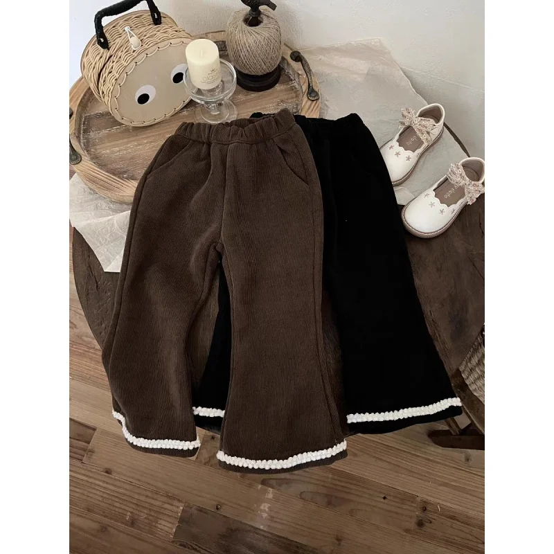 

Autumn and Winter Trendy Girls Fleece-Lined Pants Children's Baby Solid Color Rib Fabric Lace Bell-Bottom Pants Thickened Therma