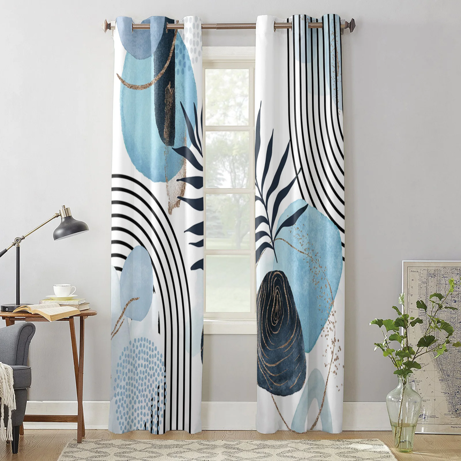 Шторы с абстрактным изображением листьев в стиле бохо тёмно-синие листья для