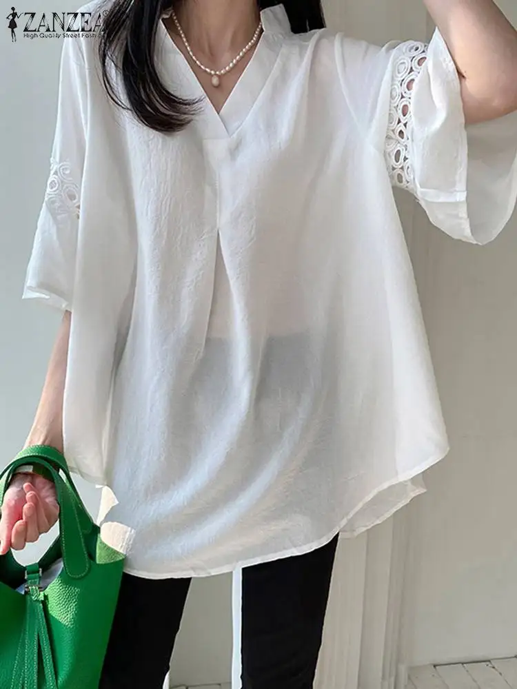 

ZANZEA Casual Loose Solid Color Shirt Fashion Lace Stitching Tops V Neck 3/4 Flare Sleeve Blouse Vintage Women 2022 Autumn Blusa
