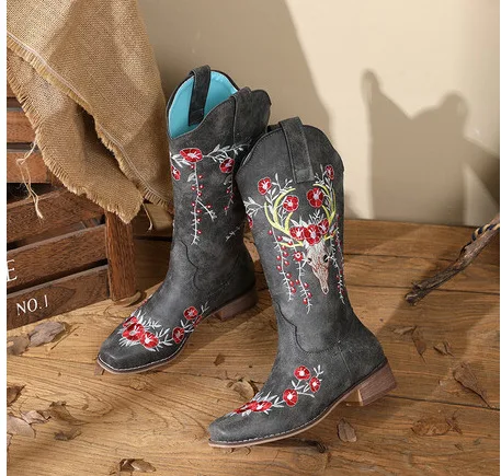 

2022 New Fashion Mixed Color Knee-high Great Quality Women Shoes Plus Size 43 Embroider Western Boots Comfy Walking Corral Boots