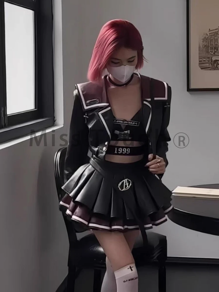 Женский кожаный костюм с мини-юбкой Y2k элегантный готический из двух предметов