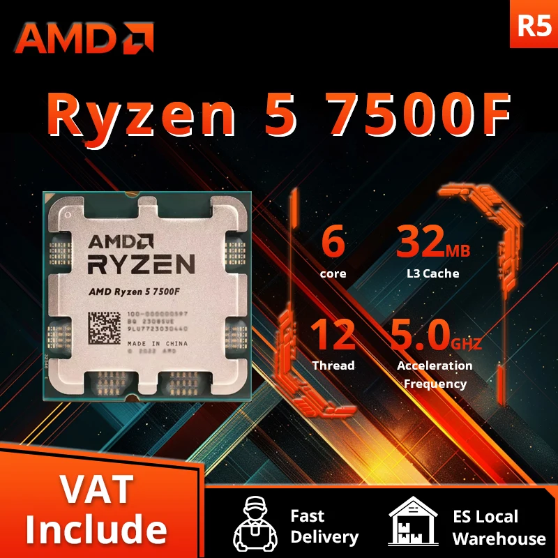 PROCESADOR AMD Ryzen 5 7500F, dispositivo de escritorio, 5GHz, 6 nucleos, 12 hilos, 38MB, AM5, CPU, procesamiento para juegos