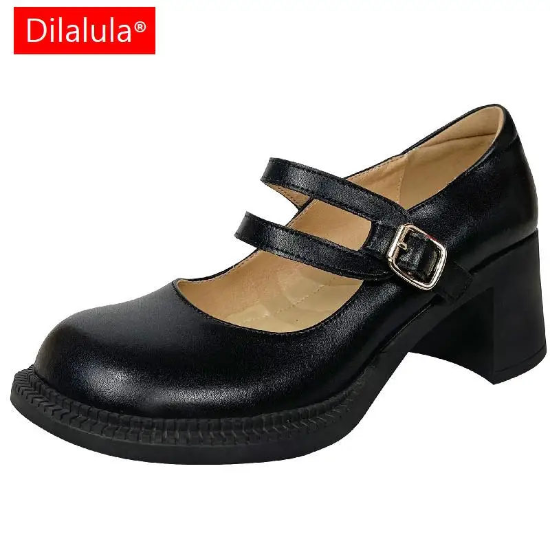 

Dilalula Retro Women Pumps Spring Summer Round Toe Thick Heels Genuine Leather Mary Janes Shoes Woman Working Casual Students