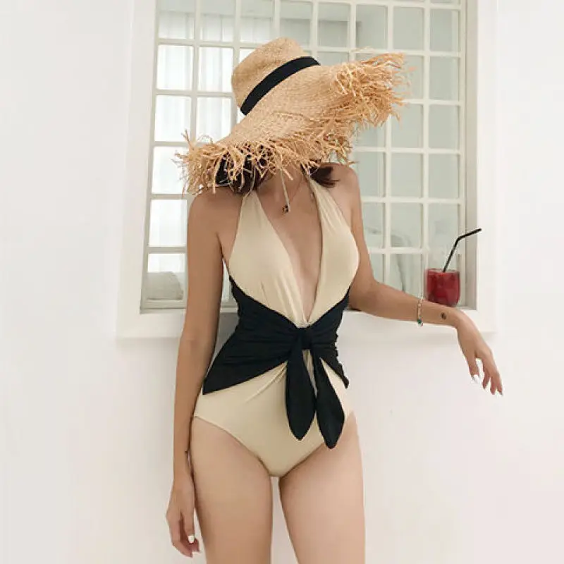 

Hang Neck SwimsuitFemale 2022 New Deep Vone-Piece Cover Belly Together Sexy Color Bow Triangle Slim Swimsuit