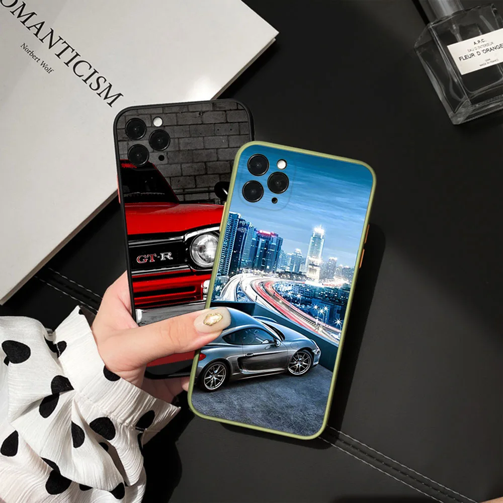 For iphone 16ProMax 15 Pro 14 13 12 Mini 11 7 8 16Plus XS Max XR Cool GTR Sports Car Frosted Translucent Cover Black Phone Cases
