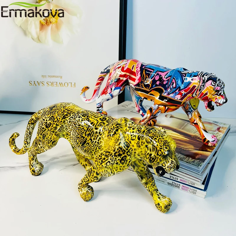 

ERMAKOVA Abstract Resin Leopard Statue Africa Wildlife Panther Figurine Animal Sculpture Modern Home Desktop Office Decoration