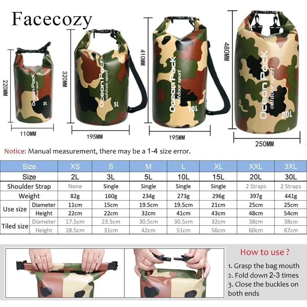 Сумка для плавания Facecozy водонепроницаемая, карманная камуфляжная сумка для плавания на 23510152030л, водонепроницаемая, для рафтинга, для пляжа и океана (art.: 7b1326cb1) - 7b1326cb1