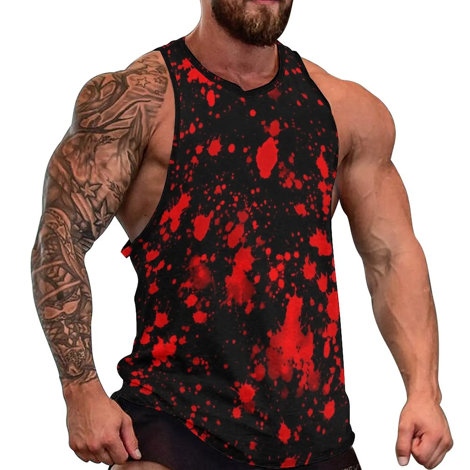 

Red Paint Splatter Summer Tank Top Artistic Splash Print Training Tops Male Custom Sportswear Sleeveless Vests Plus Size 4XL 5XL