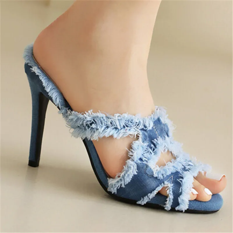 

Ochanmeb Brushed Jeans Denim Women Blue Shoes High Heeled Slides Open Toe Slippers Slip-on Mule Stiletto Heels Sandal Size 33-46
